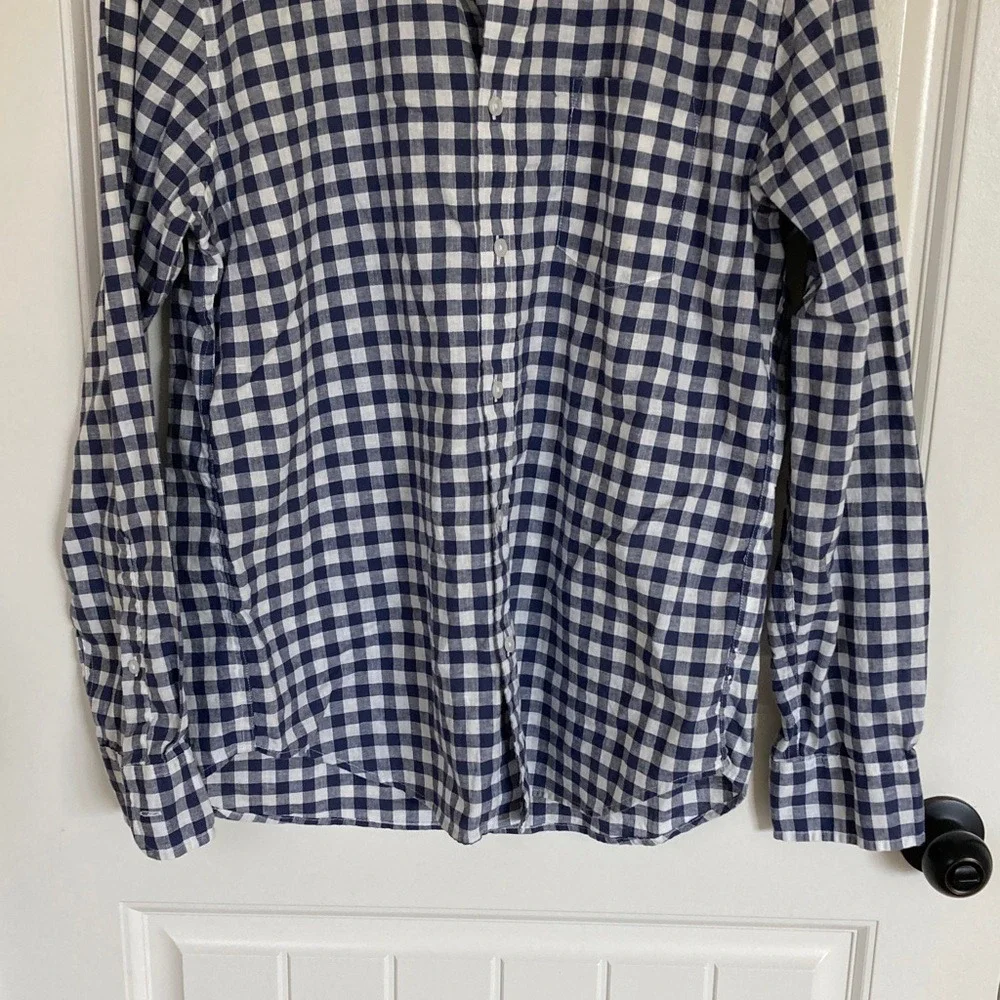 J. Crew Factory Men's Navy White Gingham Button-Down Shirt Size L Slim Linen Bld